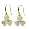 Oro Laminado Dangle Earring, Gold Filled Style Heart and Leaf Design, with White Crystal, Polished, Golden Finish, 02.59.0114