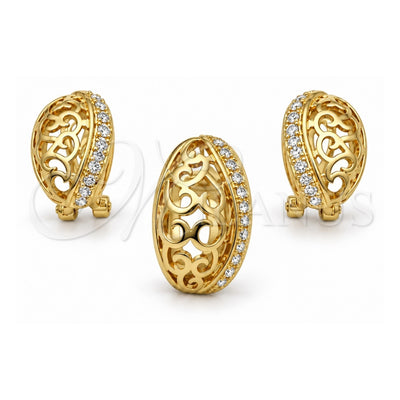 Oro Laminado Earring and Pendant Adult Set, Gold Filled Style Leaf Design, with White Crystal, Polished, Golden Finish, 10.59.0227
