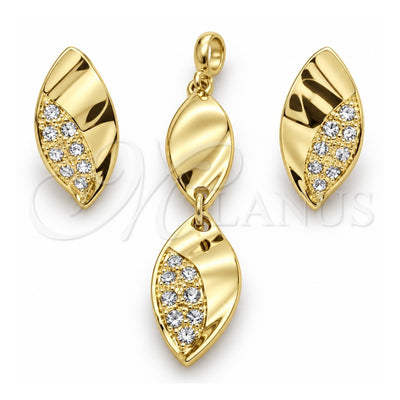 Oro Laminado Earring and Pendant Adult Set, Gold Filled Style Leaf Design, with White Cubic Zirconia, Polished, Golden Finish, 10.59.0226