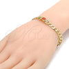 Oro Laminado Fancy Bracelet, Gold Filled Style Curb Design, with Orange Cubic Zirconia and White Crystal, Polished, Golden Finish, 03.59.0030.1.08 (07 MM Thickness, 8 Inches Length)