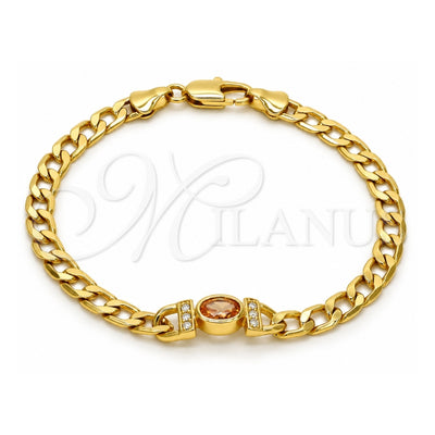 Oro Laminado Fancy Bracelet, Gold Filled Style Curb Design, with Brown Cubic Zirconia and White Crystal, Polished, Golden Finish, 03.59.0030.08 (07 MM Thickness, 8 Inches Length)