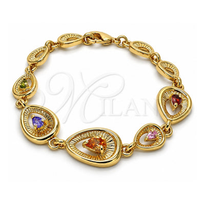 Oro Laminado Fancy Bracelet, Gold Filled Style Teardrop Design, with Multicolor Cubic Zirconia, Polished, Golden Finish, 03.59.0036.08 (15 MM Thickness, 8 Inches Length)