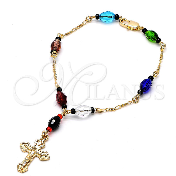 Gold Plated Bracelet — Fancy Bracelet Crucifix Design with Black Azavache Multicolor — main product view — SKU 101930 | Chapa de Oro brazalete — elegante Bracelet Crucifix diseño with negro Azavache Multicolor — SKU 101930