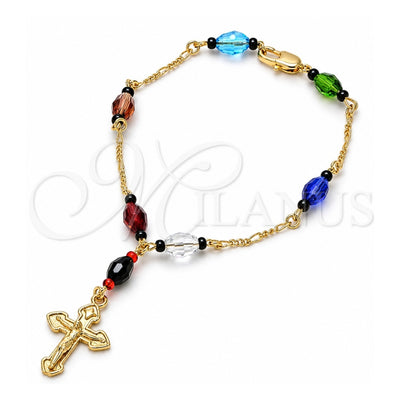 Gold Plated Fancy Bracelet, Crucifix Design, with Black Azavache, Multicolor Resin Finish, Golden Finish, 03.08.0138.08 (06 MM Thickness, 8 Inches Length)
