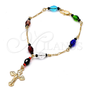 Gold Plated Bracelet — Fancy Bracelet Crucifix Design with Black Azavache Multicolor — main product view — SKU 101930 | Chapa de Oro brazalete — elegante Bracelet Crucifix diseño with negro Azavache Multicolor — SKU 101930