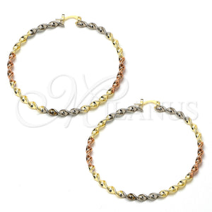 Gold Plated Hoop Earrings — Extra Large Hoop Twist Design Polished Tricolor 02.70. — main product view — SKU 101947 | Chapa de Oro aretes de aro — Extra Large Hoop Twist diseño pulido Tricolor 02.70. — SKU 101947