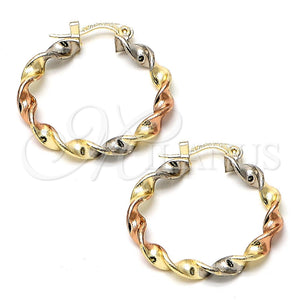 Gold Plated Hoop Earrings — Medium Hoop Twist Design Polished Tricolor 02.70. — main product view — SKU 101949 | Chapa de Oro aretes de aro — Medium Hoop Twist diseño pulido Tricolor 02.70. — SKU 101949