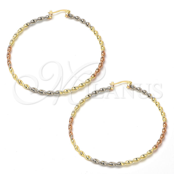 Gold Plated Hoop Earrings — Extra Large Hoop Twist Design Polished Tricolor 02.70. — main product view — SKU 101951 | Chapa de Oro aretes de aro — Extra Large Hoop Twist diseño pulido Tricolor 02.70. — SKU 101951