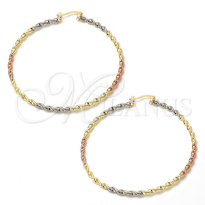 Gold Plated Hoop Earrings — Extra Large Hoop Twist Design Polished Tricolor 02.70. — main product view — SKU 101951 | Chapa de Oro aretes de aro — Extra Large Hoop Twist diseño pulido Tricolor 02.70. — SKU 101951