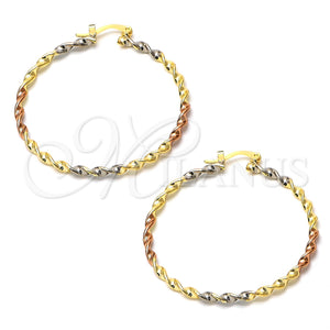 Gold Plated Hoop Earrings — Large Hoop Twist Design Polished Tricolor 02.70. — main product view — SKU 101952 | Chapa de Oro aretes de aro — Large Hoop Twist diseño pulido Tricolor 02.70. — SKU 101952
