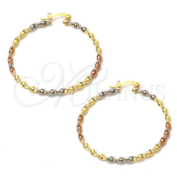 Chapa de Oro aretes de aro — Large Hoop Twist diseño pulido Tricolor 02.70. de Oro Laminado por Mayoreo, vista principal del producto