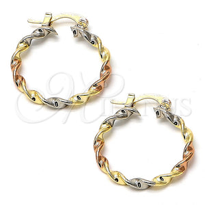 Gold Plated Hoop Earrings — Medium Hoop Twist Design Polished Tricolor 02.70. — main product view — SKU 101953 | Chapa de Oro aretes de aro — Medium Hoop Twist diseño pulido Tricolor 02.70. — SKU 101953