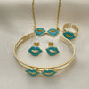 Oro Laminado Earring and Pendant Children Set, Gold Filled Style Lips and Rolo Design, Turquoise Enamel Finish, Golden Finish, 06.65.0101.2