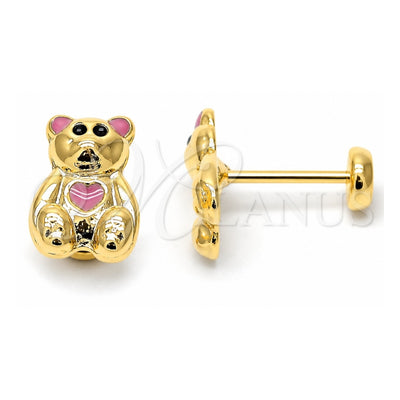 Oro Laminado Stud Earring, Gold Filled Style Teddy Bear Design, Pink Enamel Finish, Golden Finish, 02.09.0092