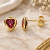 Oro Laminado Stud Earring, Gold Filled Style Heart and Love Design, with Rhodolite Crystal, Polished, Golden Finish, 02.09.0097