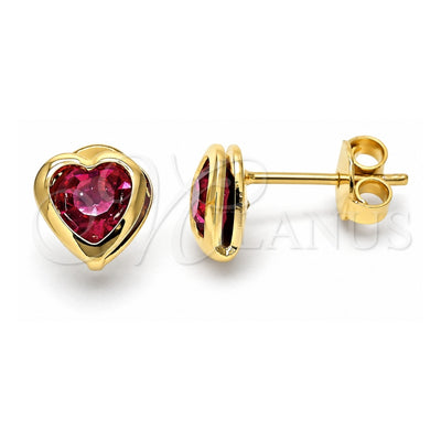 Oro Laminado Stud Earring, Gold Filled Style Heart and Love Design, with Rhodolite Crystal, Polished, Golden Finish, 02.09.0097