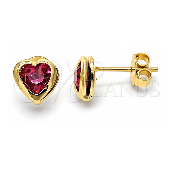Oro Laminado Stud Earring, Gold Filled Style Heart and Love Design, with Rhodolite Crystal, Polished, Golden Finish, 02.09.0097