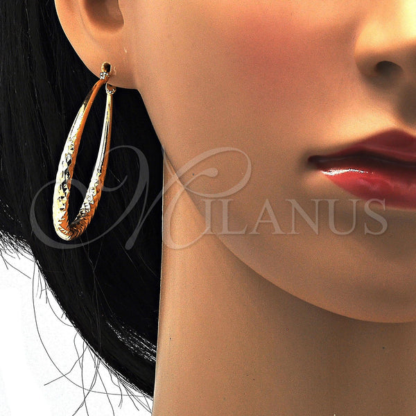 Gold Filled Hoop Earrings — Medium Hoop Teardrop and Hollow Design Diamond Cutting — alternate product view — SKU 102261 | Oro Laminado aretes de aro — Medium Hoop Teardrop and Hollow diseño Diamond Cutting — SKU 102261