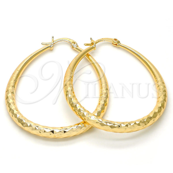 Gold Filled Hoop Earrings — Medium Hoop Teardrop and Hollow Design Diamond Cutting — main product view — SKU 102261 | Oro Laminado aretes de aro — Medium Hoop Teardrop and Hollow diseño Diamond Cutting — SKU 102261