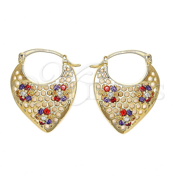 Gold Filled Hoop Earrings — Small Hoop Heart and Flower Design with Multicolor — main product view — SKU 102418 | Oro Laminado aretes de aro — Small Hoop corazón and flor diseño with Multicolor — SKU 102418