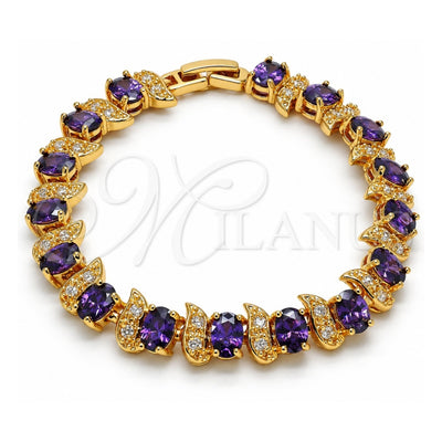 Oro Laminado Tennis Bracelet, Gold Filled Style with Amethyst Cubic Zirconia and White Micro Pave, Polished, Golden Finish, 03.206.0007.2.07 (11 MM Thickness, 7 Inches Length)