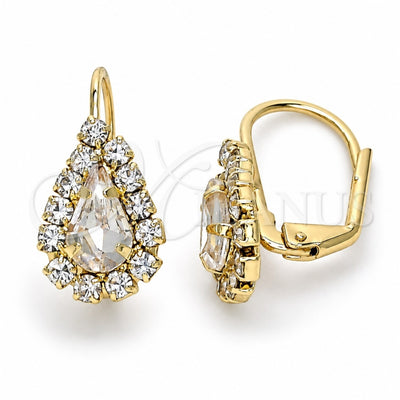Oro Laminado Leverback Earring, Gold Filled Style Teardrop Design, with White Crystal, Polished, Golden Finish, 5.125.012.4
