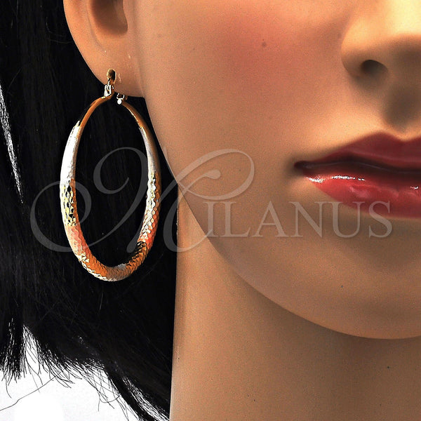 Gold Filled Hoop Earrings — Large Hoop Hollow Design Diamond Cutting Tricolor 02. — alternate product view — SKU 102733 | Oro Laminado aretes de aro — Large Hoop Hollow diseño Diamond Cutting Tricolor 02. — SKU 102733