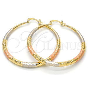 Gold Filled Hoop Earrings — Large Hoop Hollow Design Diamond Cutting Tricolor 02. — main product view — SKU 102733 | Oro Laminado aretes de aro — Large Hoop Hollow diseño Diamond Cutting Tricolor 02. — SKU 102733