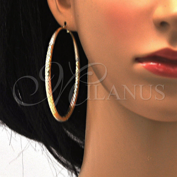 Gold Filled Hoop Earrings — Extra Large Hoop Hollow Design Diamond Cutting Tricolor — alternate product view — SKU 102735 | Oro Laminado aretes de aro — Extra Large Hoop Hollow diseño Diamond Cutting Tricolor — SKU 102735