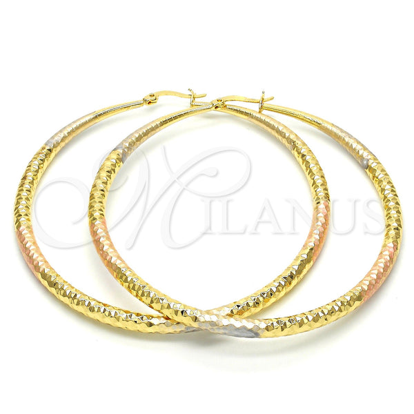 Gold Filled Hoop Earrings — Extra Large Hoop Hollow Design Diamond Cutting Tricolor — main product view — SKU 102735 | Oro Laminado aretes de aro — Extra Large Hoop Hollow diseño Diamond Cutting Tricolor — SKU 102735