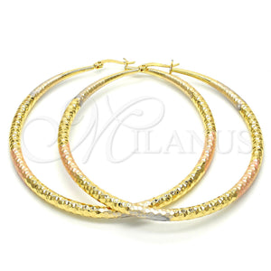 Gold Filled Hoop Earrings — Extra Large Hoop Hollow Design Diamond Cutting Tricolor — main product view — SKU 102735 | Oro Laminado aretes de aro — Extra Large Hoop Hollow diseño Diamond Cutting Tricolor — SKU 102735