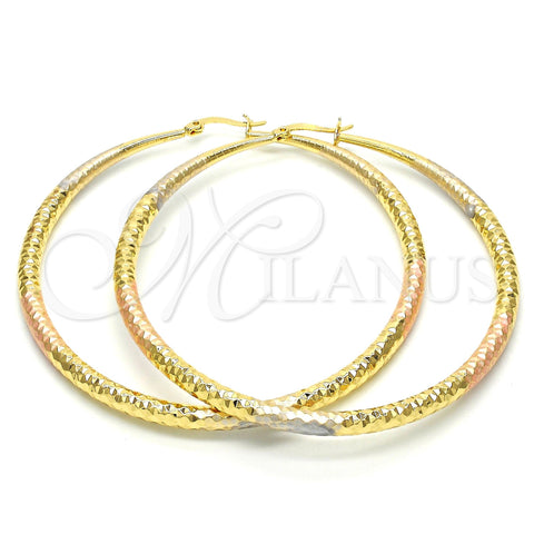 Oro Laminado Extra Large Hoop, Gold Filled Style Hollow Design, Diamond Cutting Finish, Tricolor, 02.170.0084.1.70