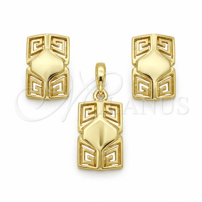 Oro Laminado Earring and Pendant Adult Set, Gold Filled Style Greek Key Design, Polished, Golden Finish for wholesale, main product view