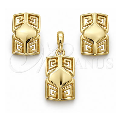 Oro Laminado Earring and Pendant Adult Set, Gold Filled Style Greek Key Design, Polished, Golden Finish, 10.59.0239