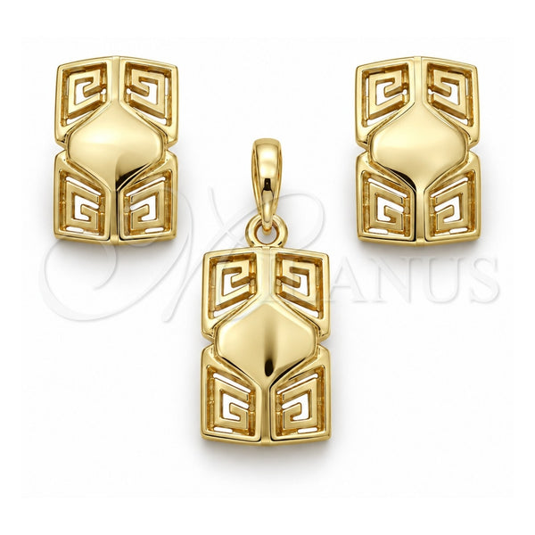 Oro Laminado Earring and Pendant Adult Set, Gold Filled Style Greek Key Design, Polished, Golden Finish, 10.59.0239