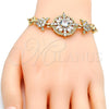 Oro Laminado Fancy Bracelet, Gold Filled Style Flower and Leaf Design, with White Cubic Zirconia, Polished, Golden Finish, 03.205.0019.07 (09 MM Thickness, 7 Inches Length)