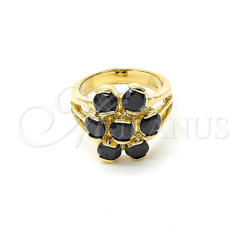 Oro Laminado Multi Stone Ring, Gold Filled Style Flower Design, with Black Cubic Zirconia, Polished, Golden Finish, 5.171.021.08 (Size 8)