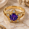 Oro Laminado Multi Stone Ring, Gold Filled Style Flower Design, with Amethyst and White Cubic Zirconia, Polished, Golden Finish, 5.169.014.09 (Size 9)