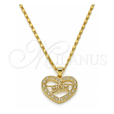 Oro Laminado Pendant Necklace, Gold Filled Style Mom and Heart Design, with White Cubic Zirconia, Polished, Golden Finish, 04.156.0089.1.18 (01 MM Thickness, 18 Inches Length)