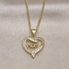 Oro Laminado Pendant Necklace, Gold Filled Style Mom and Heart Design, with White Micro Pave and White Cubic Zirconia, Polished, Golden Finish, 04.63.1276.18 (01 MM Thickness, 18 Inches Length)