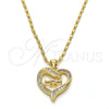 Oro Laminado Pendant Necklace, Gold Filled Style Mom and Heart Design, with White Micro Pave and White Cubic Zirconia, Polished, Golden Finish, 04.63.1276.18 (01 MM Thickness, 18 Inches Length)