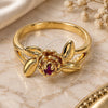 Oro Laminado Elegant Ring, Gold Filled Style Flower and Leaf Design, with Rhodolite Cubic Zirconia, Polished, Golden Finish, 5.172.021.09 (Size 9)