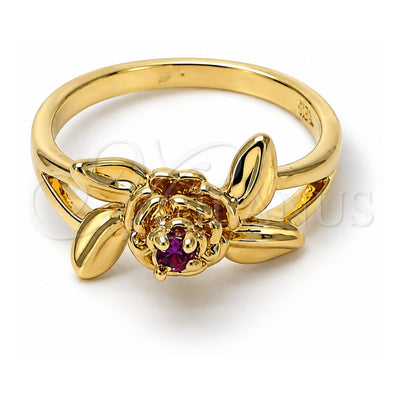 Oro Laminado Elegant Ring, Gold Filled Style Flower and Leaf Design, with Rhodolite Cubic Zirconia, Polished, Golden Finish, 5.172.021.09 (Size 9)