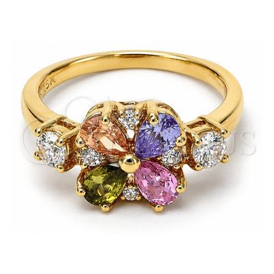 Oro Laminado Multi Stone Ring, Gold Filled Style Flower Design, with Multicolor Cubic Zirconia, Polished, Golden Finish, 5.172.002.08 (Size 8)