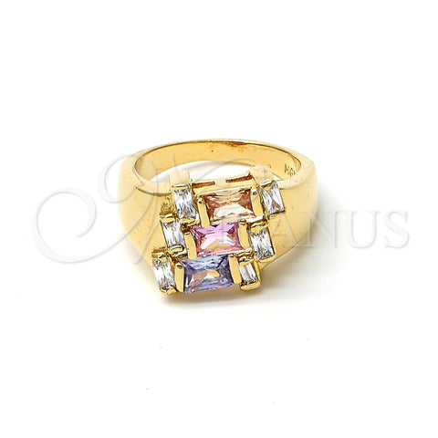 Oro Laminado Multi Stone Ring, Gold Filled Style Baguette Design, with Multicolor and White Cubic Zirconia, Polished, Golden Finish, 5.172.004.09 (Size 9)