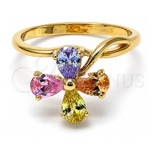 Oro Laminado Multi Stone Ring, Gold Filled Style Flower Design, with Multicolor Cubic Zirconia, Polished, Golden Finish, 5.172.007.08 (Size 8)