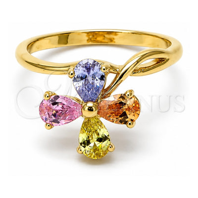 Oro Laminado Multi Stone Ring, Gold Filled Style Flower Design, with Multicolor Cubic Zirconia, Polished, Golden Finish, 5.172.007.09 (Size 9)