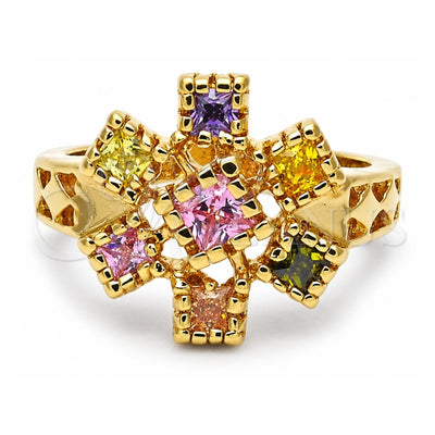 Oro Laminado Multi Stone Ring, Gold Filled Style Flower Design, with Multicolor Cubic Zirconia, Polished, Golden Finish, 5.172.010.09 (Size 9)