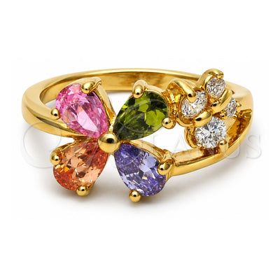 Oro Laminado Multi Stone Ring, Gold Filled Style Flower and Butterfly Design, with Multicolor and White Cubic Zirconia, Polished, Golden Finish, 5.172.011.08 (Size 8)