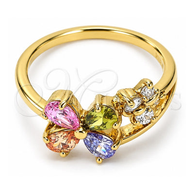 Oro Laminado Multi Stone Ring, Gold Filled Style Flower and Butterfly Design, with Multicolor and White Cubic Zirconia, Polished, Golden Finish, 5.172.011.09 (Size 9)